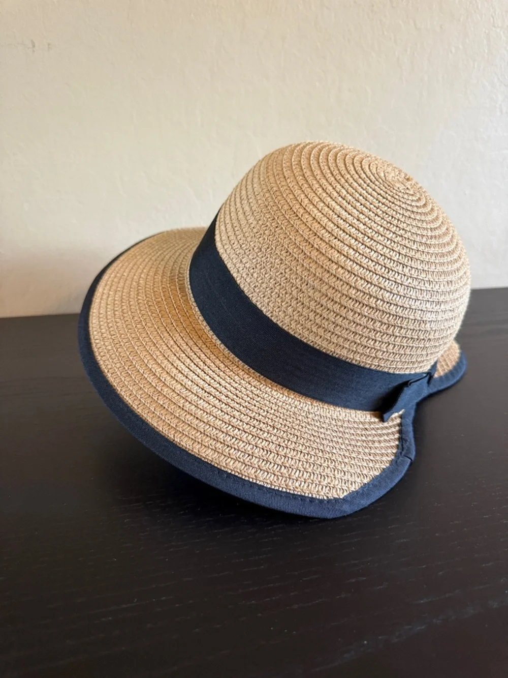 Magid Straw Sun Hat Tan/Natural with Black Ribbon Trim Bow OS New no tag